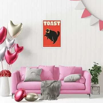 DVBOCS Funky Black Cat Canvas Wall Art Funny Bathroom Poster Cat Doing Toast Wall Pink Decor Country Farmhouse Style Home Kitchen Dining Room 12x16in Unframed