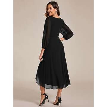 Ever-Pretty Women's Chiffon V Neck Long Sleeves Pleated A-Line Midi Length Wedding Guest Dress