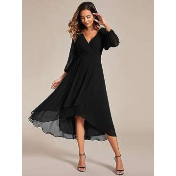 Ever-Pretty Black V Neck Long Sleeve A-Line Midi Dress
