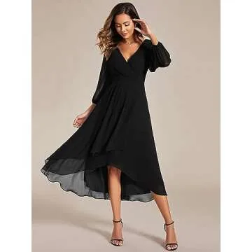 Ever-Pretty Black V Neck Long Sleeve A-Line Midi Dress