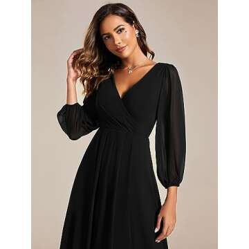 Ever-Pretty Black V Neck Long Sleeve A-Line Midi Dress
