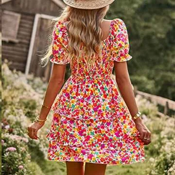 Women's Casual Floral Summer Dress Puff Sleeve Ruffle Hem Inside Liner A-line French Romantic Cake Dress (as1, Alpha, m, Regular, Regular, Pink)