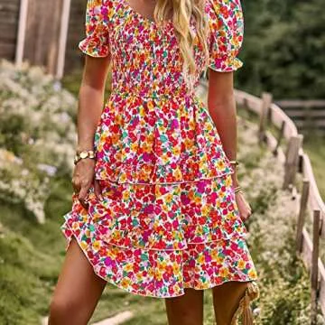 Women's Casual Floral Summer Dress Puff Sleeve Ruffle Hem Inside Liner A-line French Romantic Cake Dress (as1, Alpha, m, Regular, Regular, Pink)