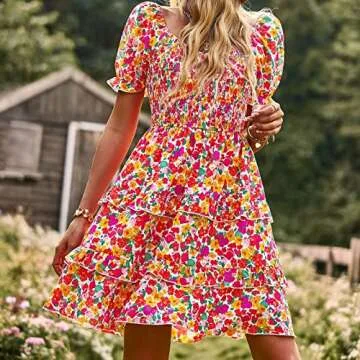 Women's Casual Floral Summer Dress Puff Sleeve Ruffle Hem Inside Liner A-line French Romantic Cake Dress (as1, Alpha, m, Regular, Regular, Pink)