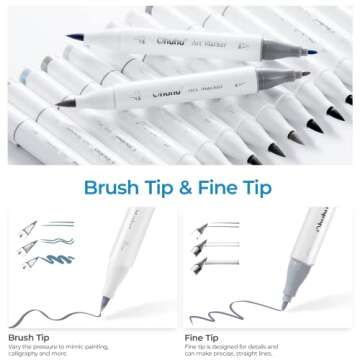 Ohuhu Alcohol Markers Brush Tip Grey-tone - Double Tipped Alcohol Based Art Marker Set for Artist Adults' Coloring Illustration Shading - 36 Grayscale Colors w/ 1 Blender - Fine & Brush - Honolulu B