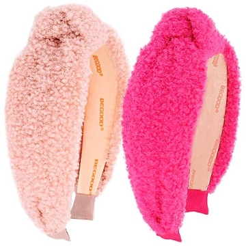 BEGOOD Fluffy Knotted Wide Headband Set - Soft Pink Hairbands for Women, 2Pcs