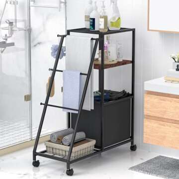 Junyuhomeline Standing Towel Rack,3 Tier Towel Rack Stand with 1 Storage Baskets & 3 Hooks,Towel Racks for Bathroom,Portable Rolling Blanket Ladder,Freestanding Towel Rack for Outdoor Pool, Bedroom