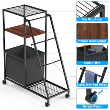 Junyuhomeline Standing Towel Rack,3 Tier Towel Rack Stand with 1 Storage Baskets & 3 Hooks,Towel Racks for Bathroom,Portable Rolling Blanket Ladder,Freestanding Towel Rack for Outdoor Pool, Bedroom