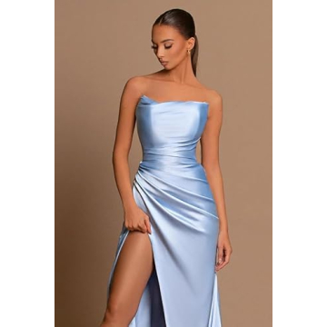 Strapless Mermaid Prom Dress Pleated Satin Ball Gowns Long with Slit Bridesmaid Dress for Women White