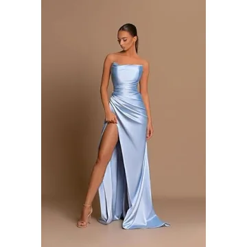Strapless Mermaid Prom Dress Pleated Satin Ball Gowns Long with Slit Bridesmaid Dress for Women White