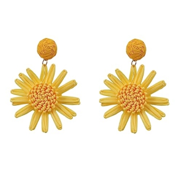 Boho Raffia Flower Earrings Cute Handmade Sunflower Raffia Rattan Drop Earrings for Women Trendy Spr...