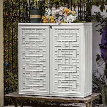 Mrosaa Indoor Outdoor Storage Cabinet Waterproof with Shelf, Off White Plastic Outdoor Cabinets for Patio/Garden/Backyard, Size 34.3''L*15''W*36.2''H