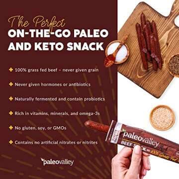Paleovalley 100% Grass Fed Summer Sausage Beef Sticks - Delicious Gluten Free Beef Snack - High Protein Keto Friendly