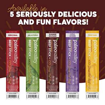 Paleovalley 100% Grass Fed Summer Sausage Beef Sticks - Delicious Gluten Free Beef Snack - High Protein Keto Friendly