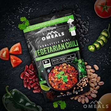 OMEALS Vegetarian Chili-MRE-Extended Shelf Life-Fully Cooked w/Heater-Perfect for Outdoor Enthusiasts, Travelers, Emergency Supplies-USA Made