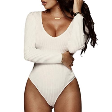 Weigou Women Bodysuits Tops Deep V Neck Long Sleeve Bodycon Stretch Jumpsuit Leotard Tops For Women (White, M)