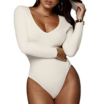Weigou Women Bodysuits Tops Deep V Neck Long Sleeve Bodycon Stretch Jumpsuit Leotard Tops For Women (White, M)