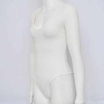 Weigou Women Bodysuits Tops Deep V Neck Long Sleeve Bodycon Stretch Jumpsuit Leotard Tops For Women (White, M)