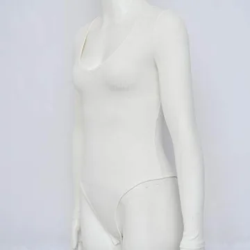 Weigou Women Bodysuits Tops Deep V Neck Long Sleeve Bodycon Stretch Jumpsuit Leotard Tops For Women (White, M)