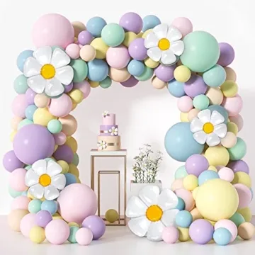 ZFUNBO Daisy Balloon Garland Arch Kit, 161 Pcs Pastel Balloon Garland Kit with White Groovy Daisy Fl...