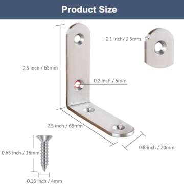 YEWLACA 6Pcs Corner Brace L Bracket Heavy Duty 65x65mm Right Angle Brackets Stainless Steel Corner B...