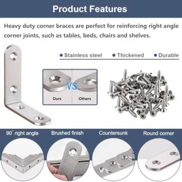 YEWLACA 6Pcs Corner Brace L Bracket Heavy Duty 65x65mm Right Angle Brackets Stainless Steel Corner Brackets with Screws, Brackets Joint Fastener for Wood