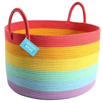 OrganiHaus Large Blanket Basket for Living Room 20x13, Rainbow Rope Basket for Classroom Organizatio...