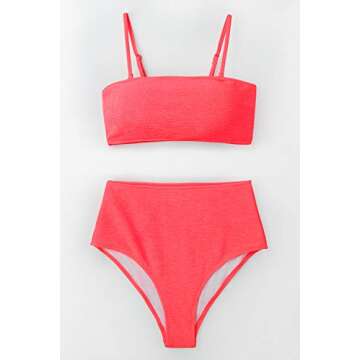 CUPSHE Women's Neon Pink Bandeau Top High Waisted Bikini