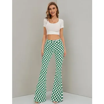 Odefou Flare Jeans High Waisted Green White Plaid