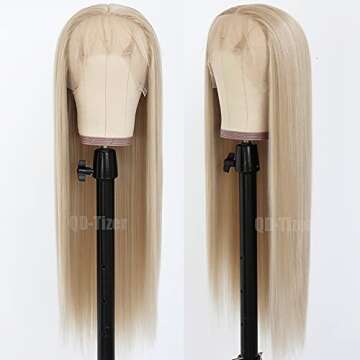 QD-Tizer Ash Blonde Hair Long Straight Synthetic Lace Front Wigs for Fashion Women Heat Resistant Sy...