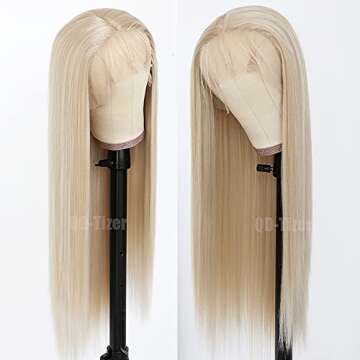 QD-Tizer Ash Blonde Hair Long Straight Synthetic Lace Front Wigs for Fashion Women Heat Resistant Synthetic Wigs 24 inch