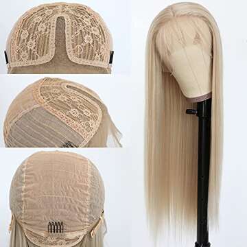 QD-Tizer Ash Blonde Hair Long Straight Synthetic Lace Front Wigs for Fashion Women Heat Resistant Synthetic Wigs 24 inch