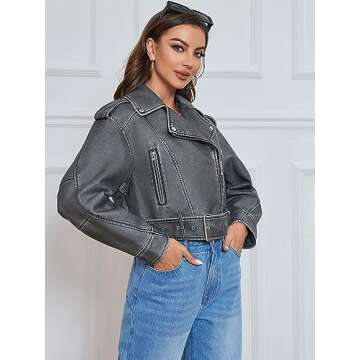 LY VAREY LIN Women Faux Leather Cropped Jacket Lapel Zipper Vintage Biker Short Coat with Belt