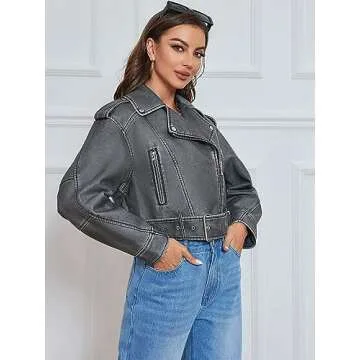 LY VAREY LIN Women Faux Leather Cropped Jacket Lapel Zipper Vintage Biker Short Coat with Belt