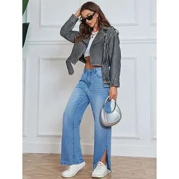 LY VAREY LIN Women Faux Leather Cropped Jacket Lapel Zipper Vintage Biker Short Coat with Belt