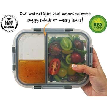 [3-Pack - New 2019 Design] 3 Compartment Bento Boxes Glass Food Container with Maria Emmerich Keto Diet Cookbook Sample - Leak Proof Meal Prep and Portion Control