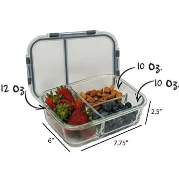 [3-Pack - New 2019 Design] 3 Compartment Bento Boxes Glass Food Container with Maria Emmerich Keto Diet Cookbook Sample - Leak Proof Meal Prep and Portion Control