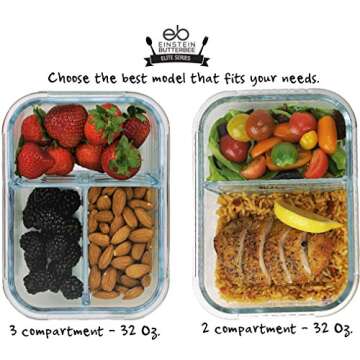 [3-Pack - New 2019 Design] 3 Compartment Bento Boxes Glass Food Container with Maria Emmerich Keto Diet Cookbook Sample - Leak Proof Meal Prep and Portion Control