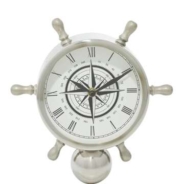 Deco 79 Stainless Steel Ship Wheel Clock with Marble Base, 9" x 3" x 8", Silver