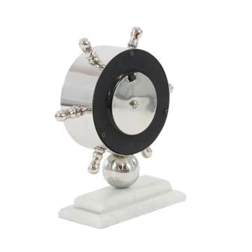 Deco 79 Stainless Steel Ship Wheel Clock with Marble Base, 9" x 3" x 8", Silver