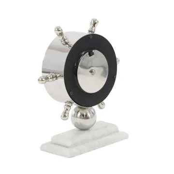 Deco 79 Stainless Steel Ship Wheel Clock with Marble Base, 9" x 3" x 8", Silver