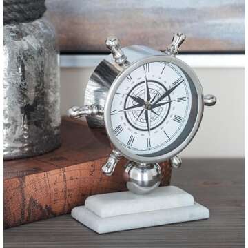 Deco 79 Stainless Steel Ship Wheel Clock with Marble Base, 9" x 3" x 8", Silver