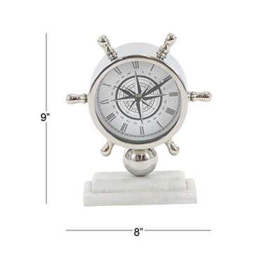 Deco 79 Stainless Steel Ship Wheel Clock with Marble Base, 9" x 3" x 8", Silver