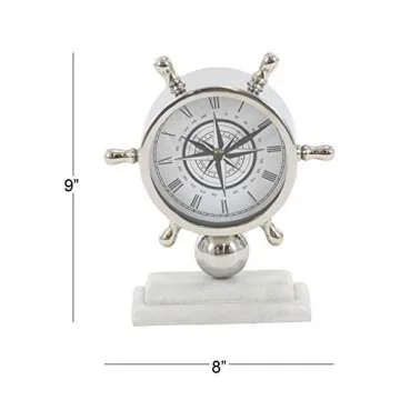 Deco 79 Stainless Steel Ship Wheel Clock with Marble Base, 9" x 3" x 8", Silver