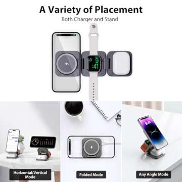 KU XIU Fast Wireless Charger, Magnetic Foldable 3 in 1 Charging Station for iPhone 16/15/14/13/12/Pro/Plus/Pro Max, 5W Portable Charger for Apple Watch9/8/7/6/5/4/3/SE, for Airpods3/2/Pro-Gray