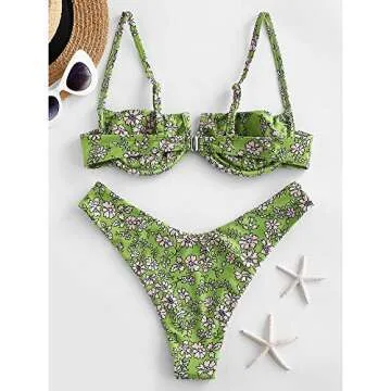 ZAFUL Women's Underwire Bikini Floral V-Wired High Leg Two Piece Bikini Set Swimsuit (5-Multia, S)