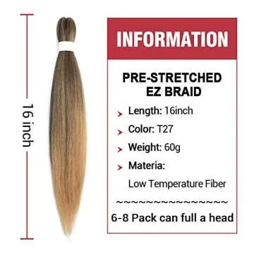 Braiding Hair Pre stretched 16inch 8packs Pre stretched Braiding Hair Crochet Braids Hair Yaki Braiding Hair Extension (#T27, 16inch,8pcs)