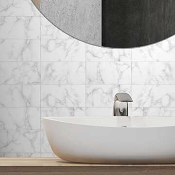 BeNice Peel and Stick Backsplash Large Bathroom Subway Tiles,Kitchen Shower Wall Stickers Waterproof(23Tiles) Cararra White