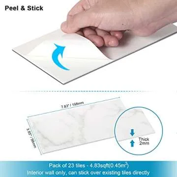 BeNice Peel and Stick Backsplash Large Bathroom Subway Tiles,Kitchen Shower Wall Stickers Waterproof(23Tiles) Cararra White