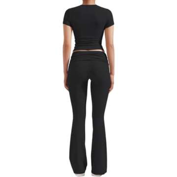 ZFLM Casual Workout Two Piece Outfits for Women Short Sleeve Crop High Waist Foldover Flare Pants Tracksuit Sets Streetwear